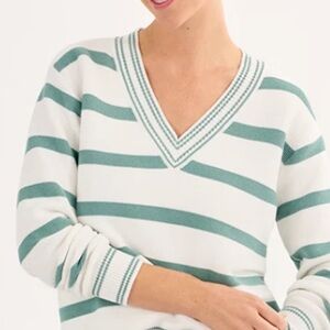CAbi Arena V-Neck Sweater - Teal and White Stripes #6656 Medium NIB